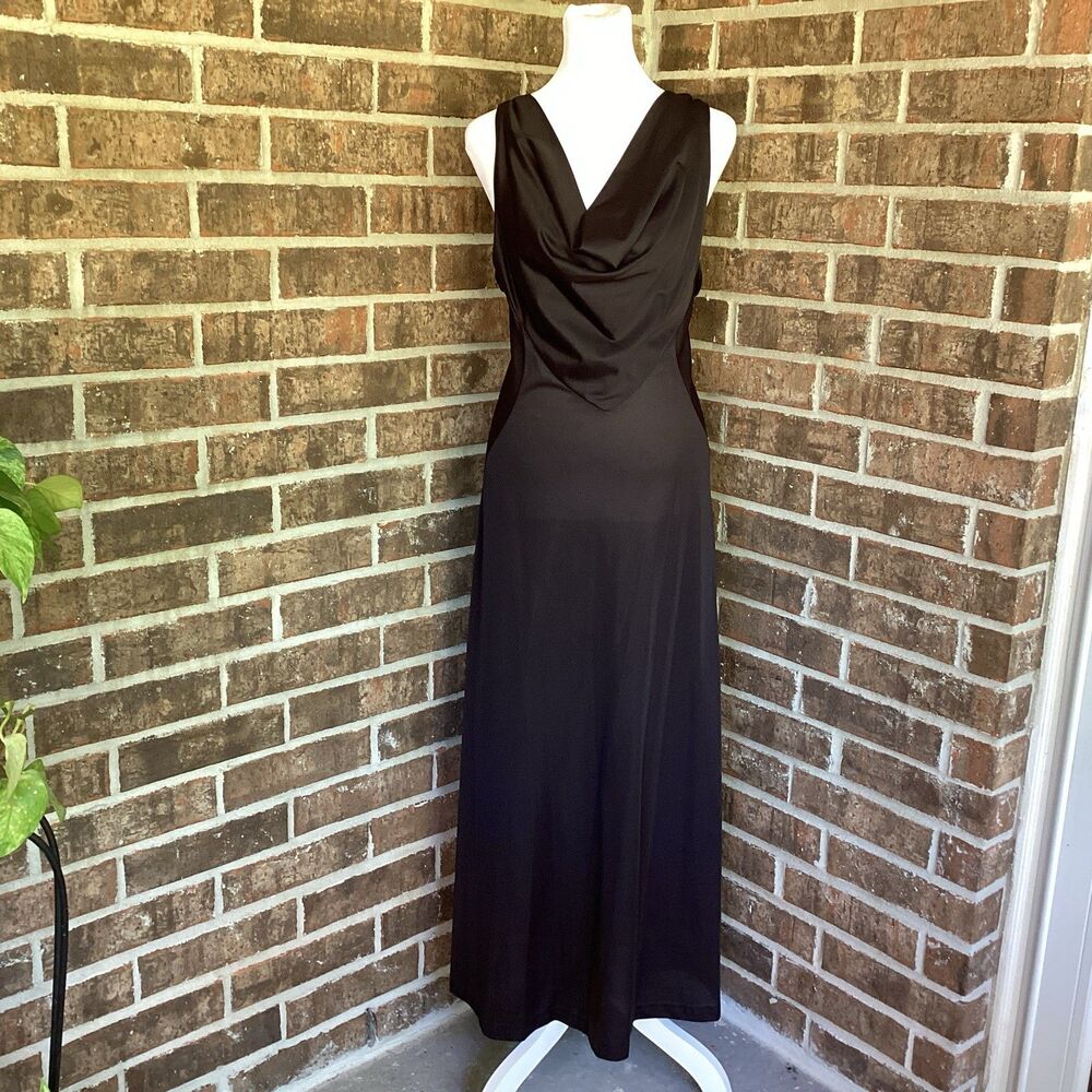 Vintage Saramal Lingerie Black Satin Cowl Neck Maxi Sleeveless Night Dress Sz S